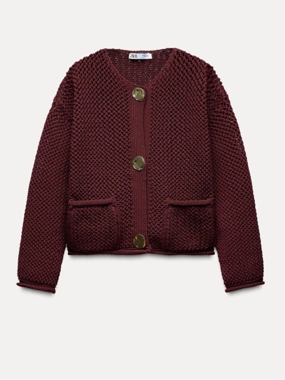 Zara Women’s Burgundy Chunky Knit Gold Button Cardigan Blogger Favorite Size